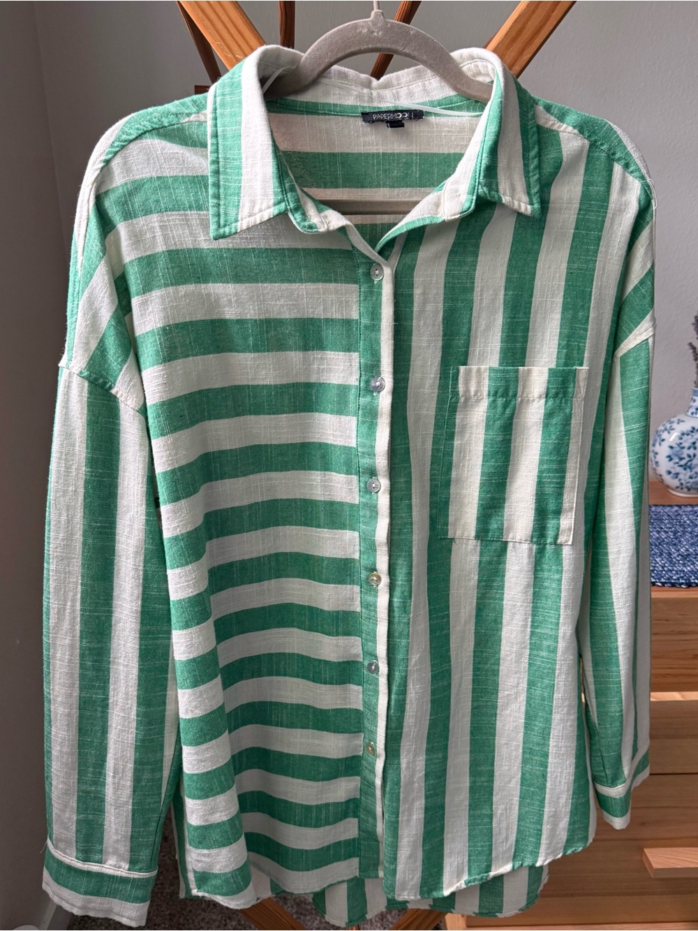 Papermoon Green and White Striped Button-Up Shirt